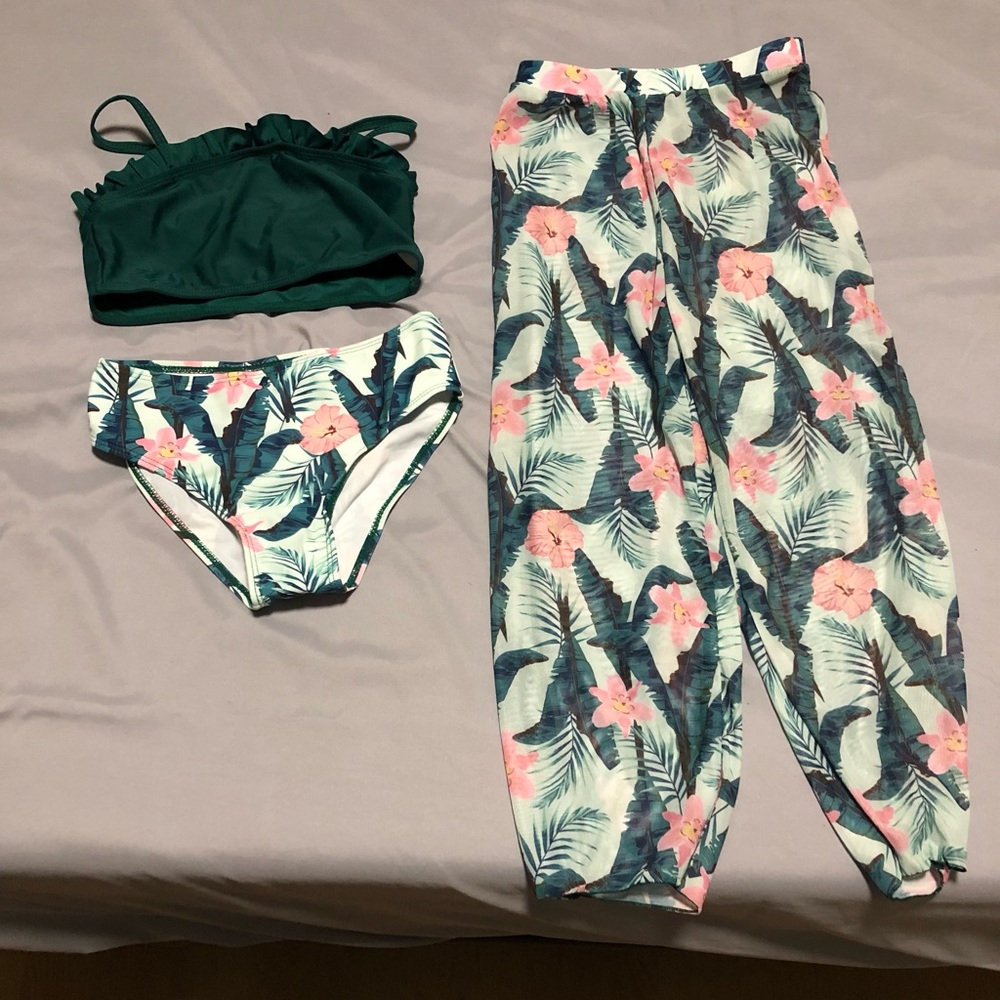 Floral Print Swim Set with Green Top